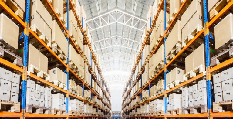 Warehouse with stack of cargos
