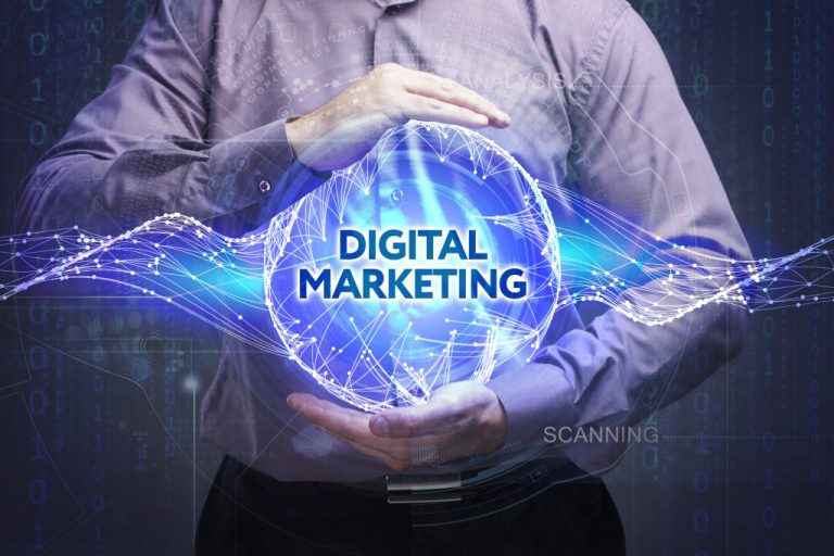 Man holding a digital marketing in his hands